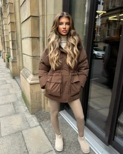 Aaliyah Padded Faux Fur Hooded Coat - Chocolate