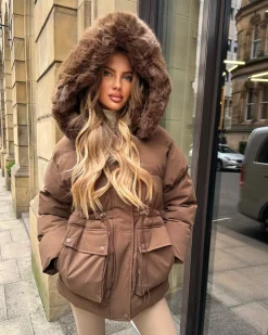 Aaliyah Padded Faux Fur Hooded Coat - Chocolate