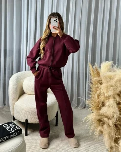Amelia Bomber Zip Jacket & Straight Leg Joggers Set- Wine