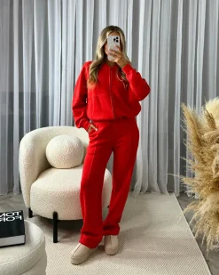 Amelia Bomber Zip Jacket & Straight Leg Joggers Set- Red