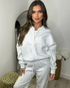 Amelia Bomber Zip Jacket & Straight Leg Joggers Set- Light Grey