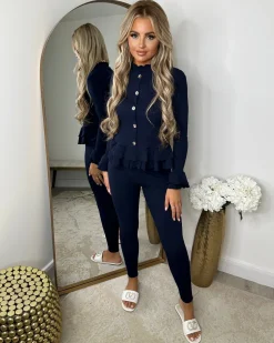 Amira Gold Button Ribbed Loungeset - Navy