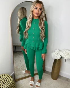 Amira Gold Button Ribbed Loungeset - Parrot Green
