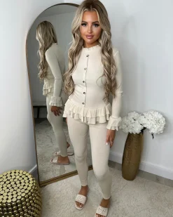 Amira Gold Button Ribbed Loungeset - Beige