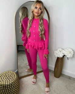 Amira Gold Button Ribbed Loungeset - Fuchsia