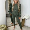 Amira Gold Button Ribbed Loungeset - Khaki