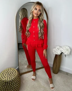 Amira Gold Button Ribbed Loungeset - Red