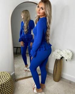 Amira Gold Button Ribbed Loungeset - Royal Blue