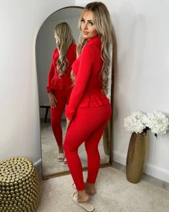 Amira Gold Button Ribbed Loungeset - Red