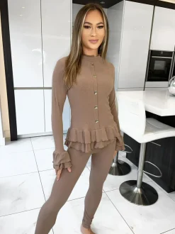 Amira Gold Button Ribbed Loungeset - Camel