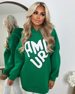 AMOUR Slogan Detail Hoodie - Parrot Green