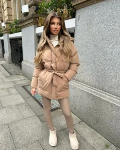 Arabella Hooded Short Padded Tie Waist Coat- Camel