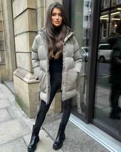 Arabella Hooded Short Padded Tie Waist Coat- Khaki