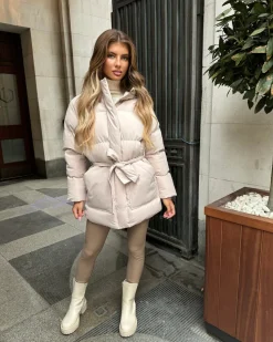 Arabella Hooded Short Padded Tie Waist Coat- Beige