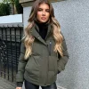 Bella High Neck Zip Up Padded Coat- Khaki