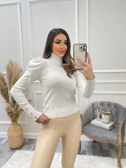 Bex Gold Button Detail Long Sleeve Polo Neck Top - White