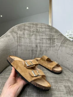 Bonnie Double Buckle Slip-On Sandals - Camel