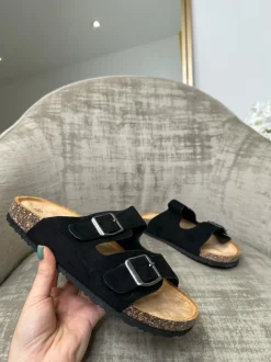 Bonnie Double Buckle Slip-On Sandals - Black