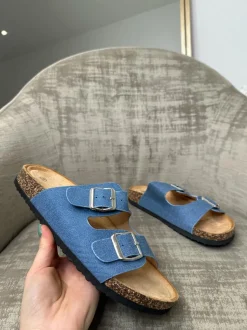 Bonnie Double Buckle Slip-On Sandals - Denim Blue