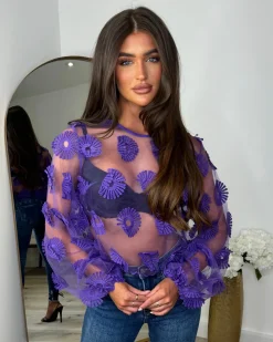 Callie Mesh Daisy Print Top - Purple
