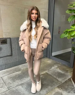 Camille Short Faux Fur Trim Puffer Coat- Camel