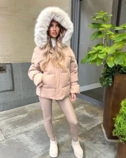 Camille Short Faux Fur Trim Puffer Coat- Camel