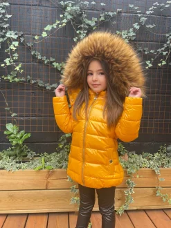 Chloe Metallic Kids Coat with Hood - Mustard