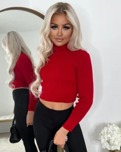 Claire Cropped Polo Neck Jumper - Red