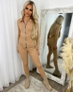 Courtney Collared Zip Front Set - Camel