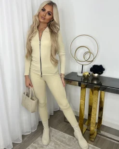 Courtney Collared Zip Front Set - Beige