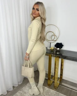 Courtney Collared Zip Front Set - Beige