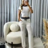 Edie Soft Ribbed Contrast Short Sleeve Top & Trouser Set - White/Charcoal Grey