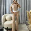 Edie Soft Ribbed Contrast Short Sleeve Top & Trouser Set - Beige/White