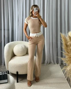 Edie Soft Ribbed Contrast Short Sleeve Top & Trouser Set - Beige/White