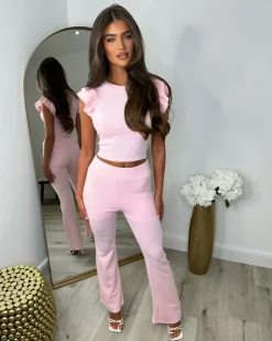 Edie Soft Ribbed Frill Arm Top & Trouser Set - Baby Pink