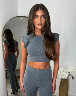 Edie Soft Ribbed Frill Arm Top & Trouser Set - Charcoal