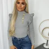 Elara Gold Button Frill Jumper - Grey