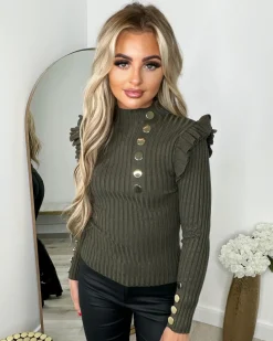 Elara Gold Button Frill Jumper - Khaki