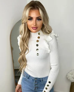 Elara Gold Button Frill Jumper - Cream