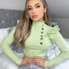 Elara Gold Button Frill Jumper - Sage Green