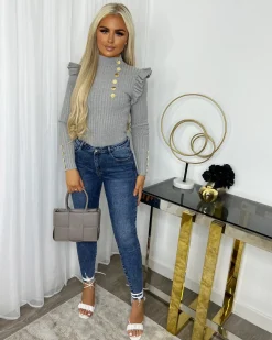Elara Gold Button Frill Jumper - Grey