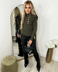 Elara Gold Button Frill Jumper - Khaki