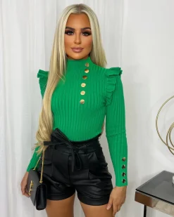 Elara Gold Button Frill Jumper - Parrot Green