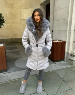 Emma Padded Faux Fur Trim Belted Coat - Grey