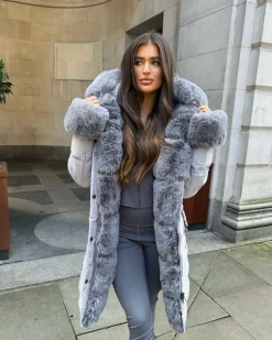 Emma Padded Faux Fur Trim Belted Coat - Grey