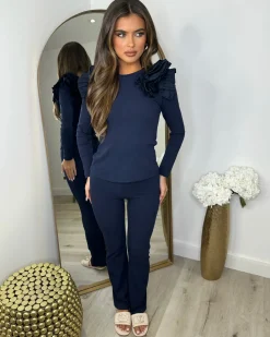 Esme Frill Shoulder Ribbed Lounge Set - Navy