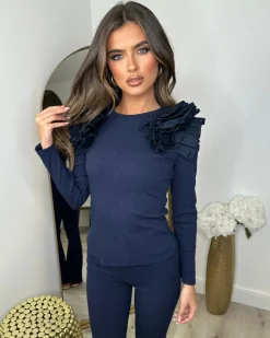 Esme Frill Shoulder Ribbed Lounge Set - Navy