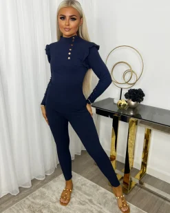 Evie High Neck Gold Button Loungewear Set - Navy