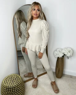 Fefe Puff Sleeve Ribbed Loungewear - Beige