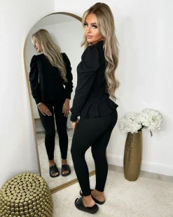 Fefe Puff Sleeve Ribbed Loungewear - Black